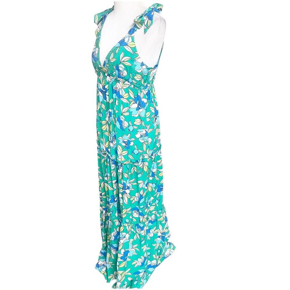 Monteau Los Angeles Floral Tiered Maxi Dress Green Size Large V-Neck Bohemian - Picture 4 of 14